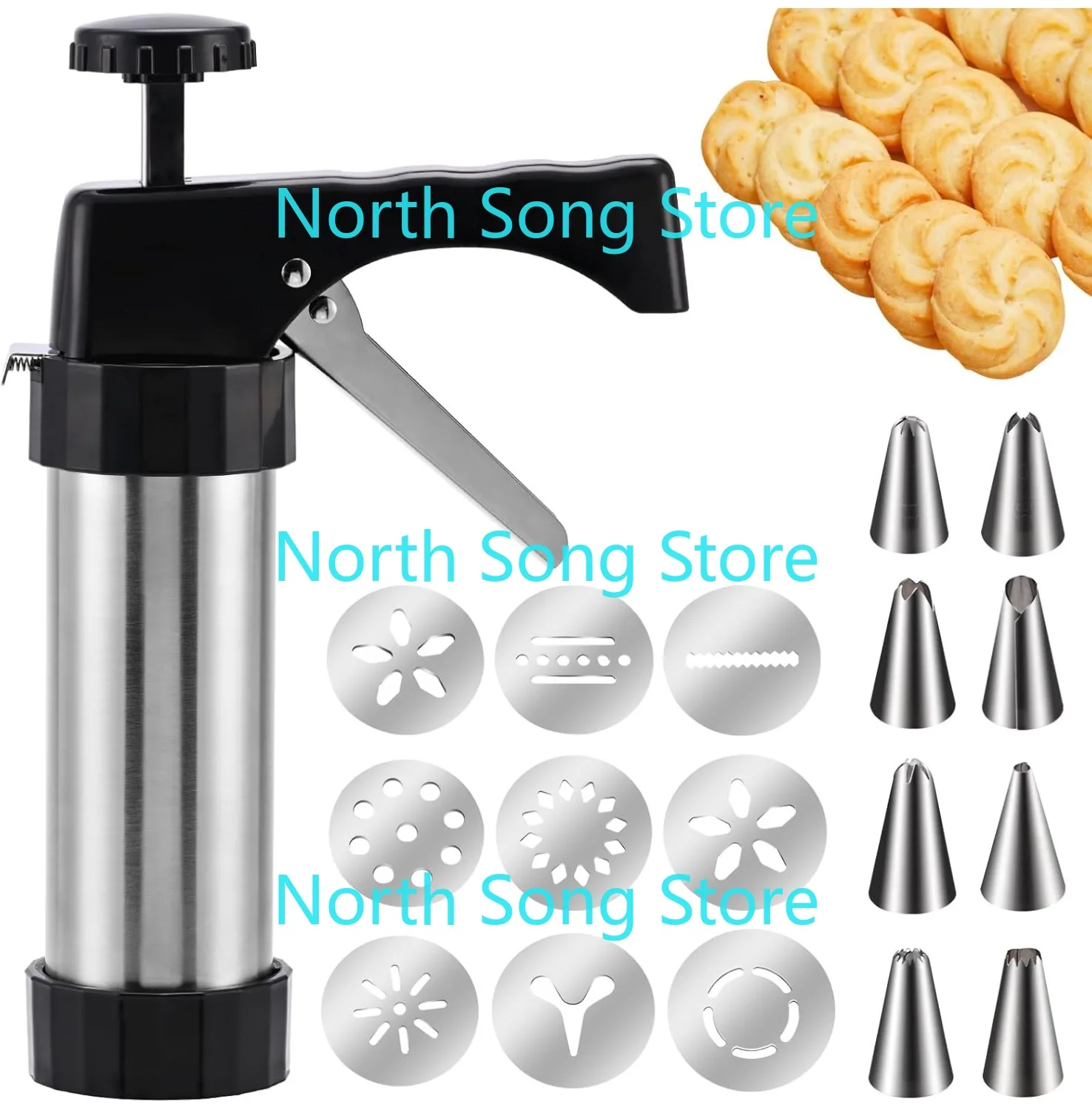 

Пресс для печенья из нержавеющей стали, набор пистолетов для прессования печенья с 13 дисками для печенья и 8 насадками для конструктора для изготовления рождественского печенья своими руками