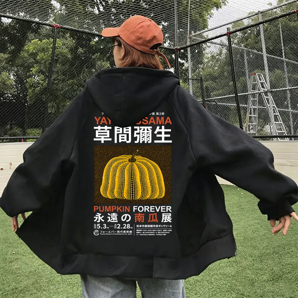 Japanese Artist Yayoi Kusama Pumpkin Forever Zipper Hoodie Men's Women Fashion Fleece Cotton Oversized Zip Up Jacket Sweatshirt