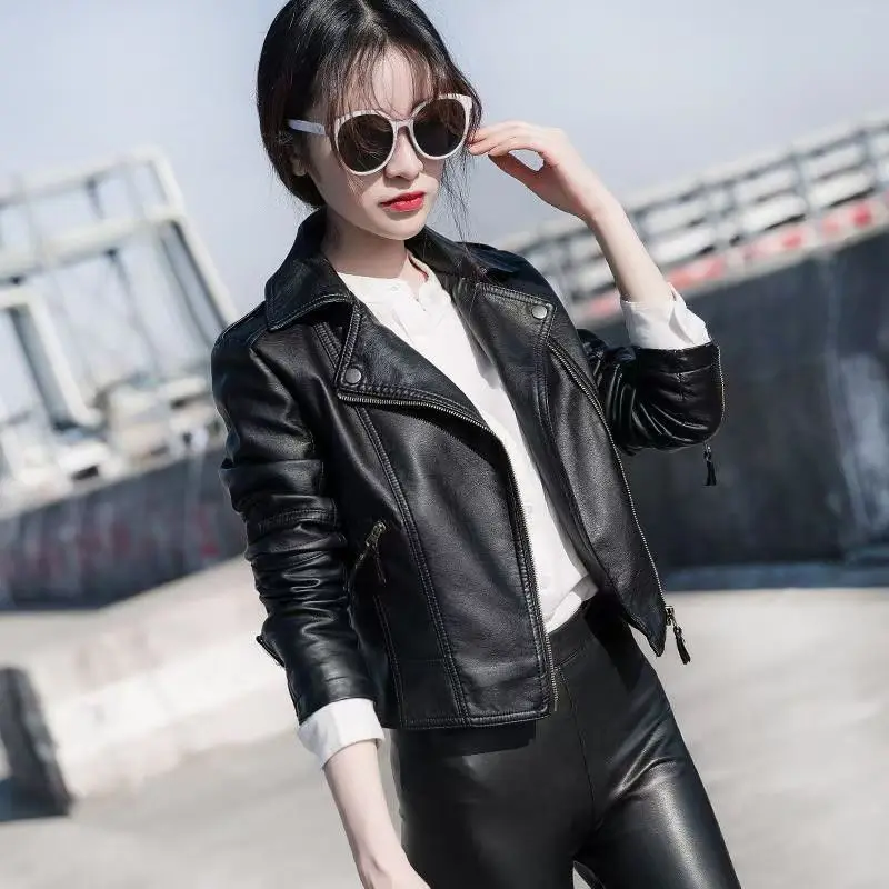 Women Spring Summer Faux Leather Jacket Black Slim Short Jackets Motorcycle PU Jackets Solid Colors Zippers Slim Short Jacket