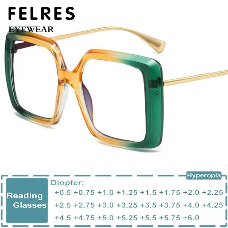 Tea Green Oversized Square Reading Glasses Women Men Anti Blue Light Glasses Fashion Gradient Double Color Prescription Eyewear