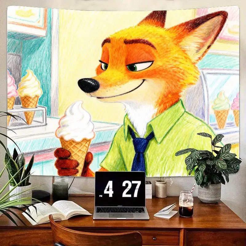 

1 шт. Zootopia Nick Wilde гобелен с мороженым и лисой, мультяшный аниме полиэстер настенный художественный декор для спальни в общежитии, подарок фанатам фильма