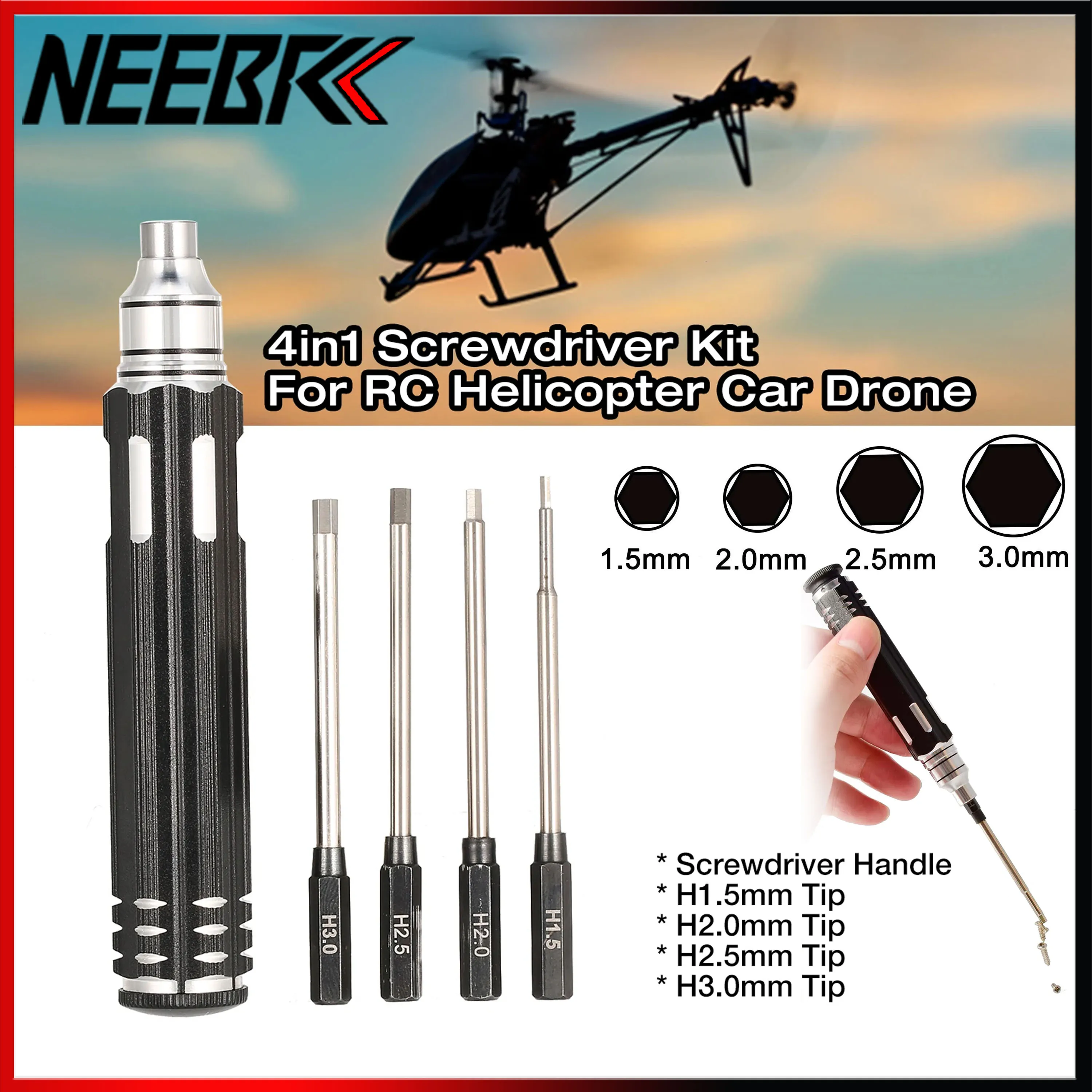 RC Sechskant-Schraubendreher-Set 4-in-1 Magnetischer Sechskant-Inbusschraubendreher-Satz 1,5mm 2,0mm 2,5mm 3,0mm Reparaturwerkzeuge für RC-Helikopter Drohne Auto