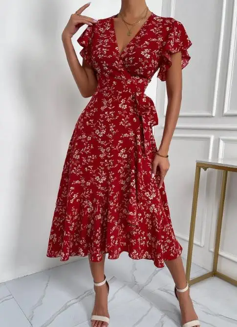 

Womens Dresses 2026 Spring Summer New Fashion Floral Print Deep V-Neck Short Sleeve Waist Cinching Lace Up Casual Vacation Dress