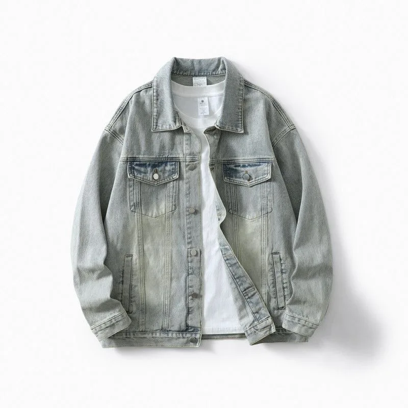

Autumn and Spring Fashion Trend Pure Color American Vintage Sports Denim Jacket Men's Casual Loose Comfortable Plus Size Coat