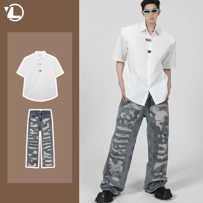 Mens Summer Street Trend Set Metal Design Shoulder Padded Shirt+Hip Hop Ripped Straight Leg Pants 2-pcs Retro Punk Suits New