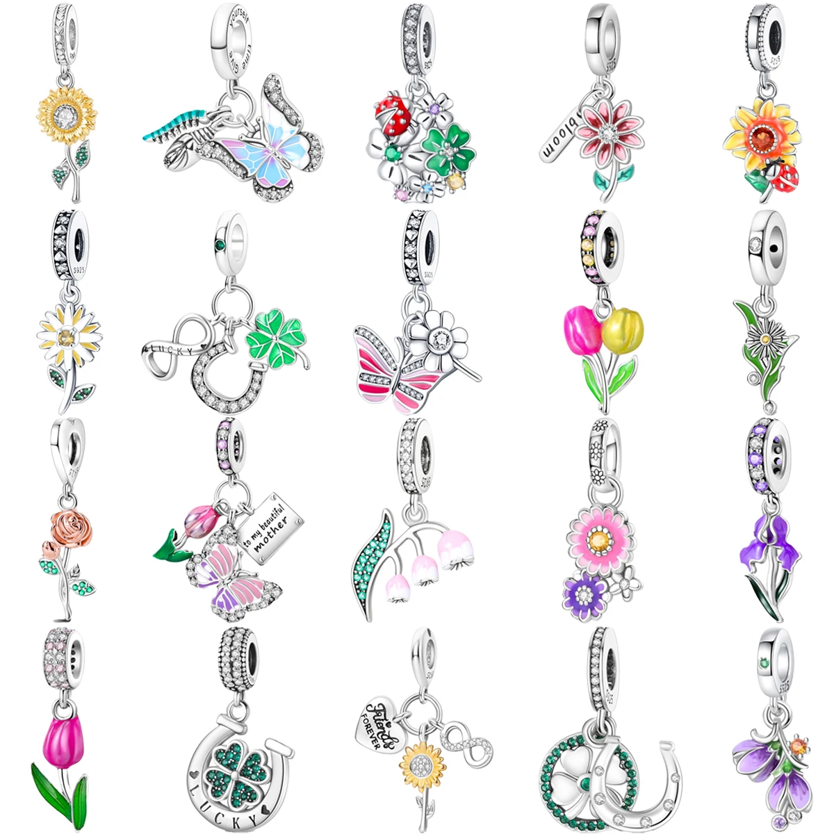 Original 925 Charms Sterling Silver Tulip Clover Rose Sunflower Butterfly Pendant for Pandora DIY Bracelet Ladies Jewelry Gift