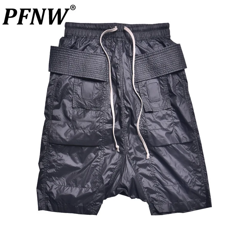 PFNW Dark Style Double Ring Fharem Knee Legnth Pants Summer High Street Fashion Drawstring Loose Fit Black Men \'s Shorts 12C1243