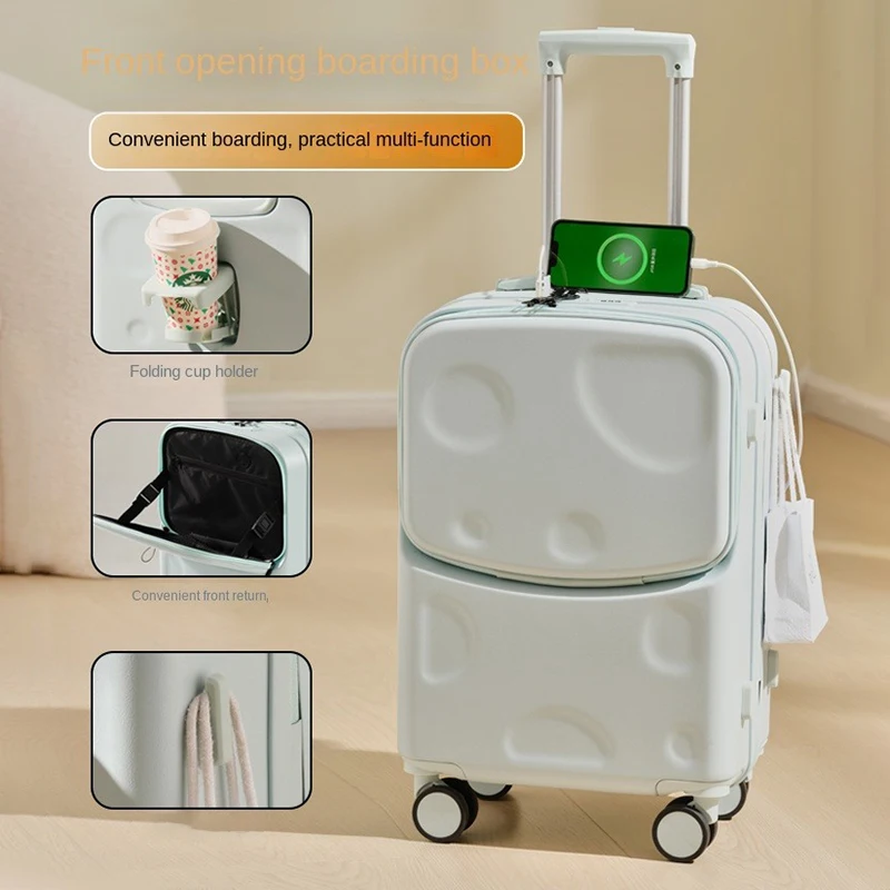 2024 New front opening luggage with USB cup holder girl suitcase Travel wheeled suitcases 18 20 26 Inch suitcase trip cabin