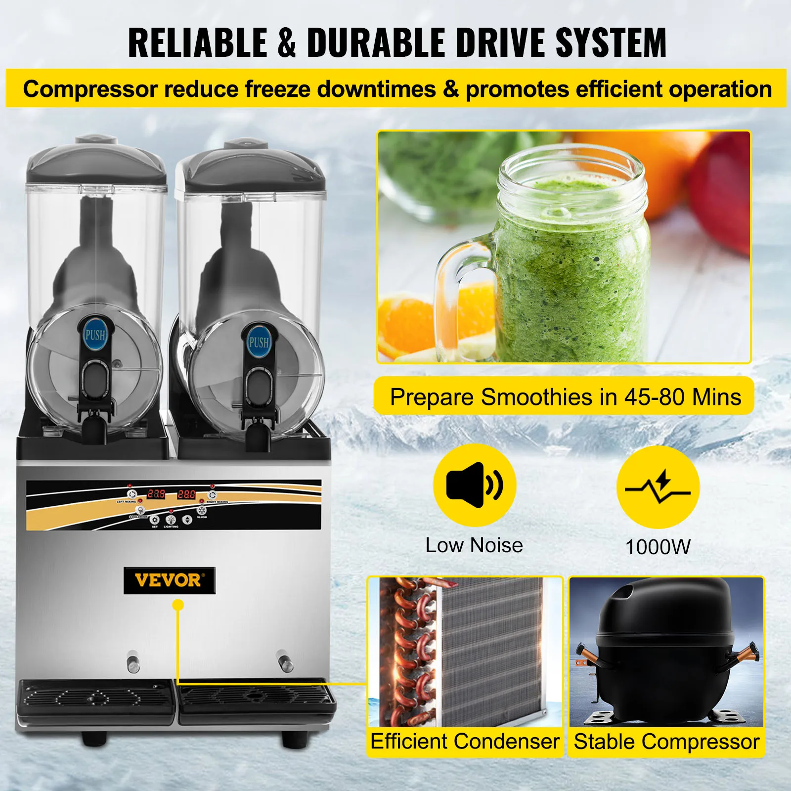 Succebuy 1000W Commercial Slushy Machine 15Lx2 Tank Margarita Maker Stainless Steel Smoothie Frozen Drink Maker for Supermarkets