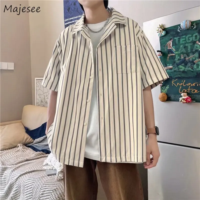 

Men Shirts Baggy Retro Summer Design Harajuku Striped Leisure Trendy Gentle Ins Male Teens Popular Handsome Chemises Clothing