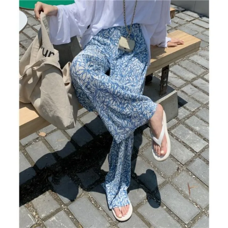 Women\'s Clothing Summer Fashion Vintage Print Pleated Wide-leg Pants Female Casual High Waist Loose Straight Trousers Pantalones