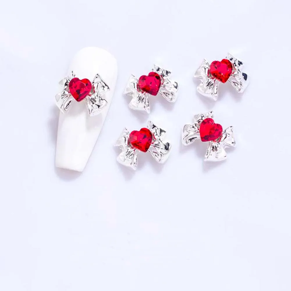 Nail Art Charm Bows, Alliage 3D, Métal, Argent, Déconnexion, Coeur, Clip, Décoration, DIY, Luxe, Accessoires pour Ongles, 10Pcs