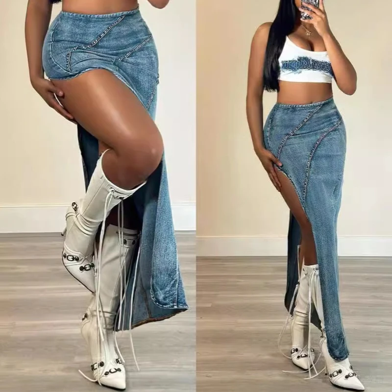 Denim nieregularna spódnica damska wysokiej talii rozciągliwa w trudnej sytuacji sprany zamek błyskawiczny mama dżinsy seksowny klub Vintage długie spódnice 2025 Streetwear