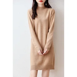 Hot Sale Women 100% Merino Wool Sweater Dress 2023 Autumn/Winter New Female O-Neck Warm Dresses Casual Basic Knitted Jumper
