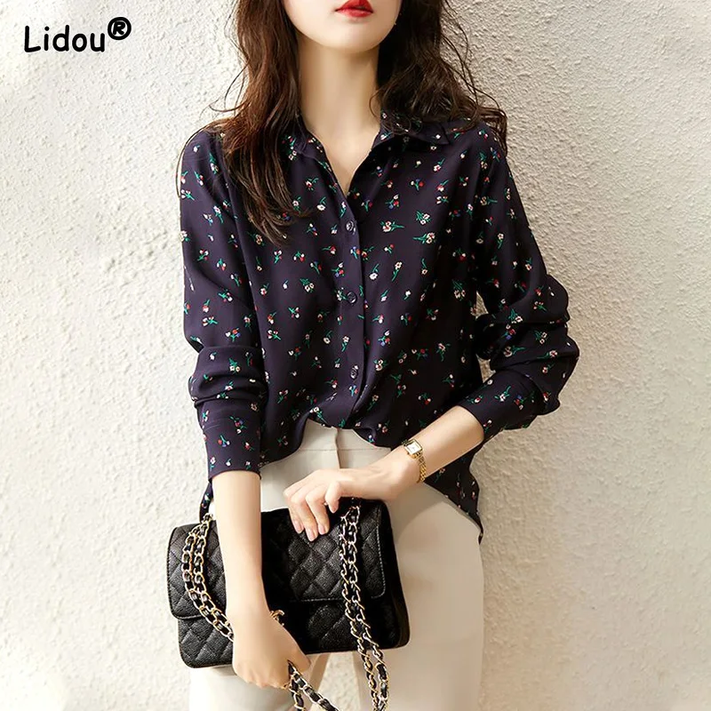 

Women's Clothing Sweet Printing Turn-down Collar Button Temperament Comfortable Leisure Loose Thin Autumn Winter Floral Fashion