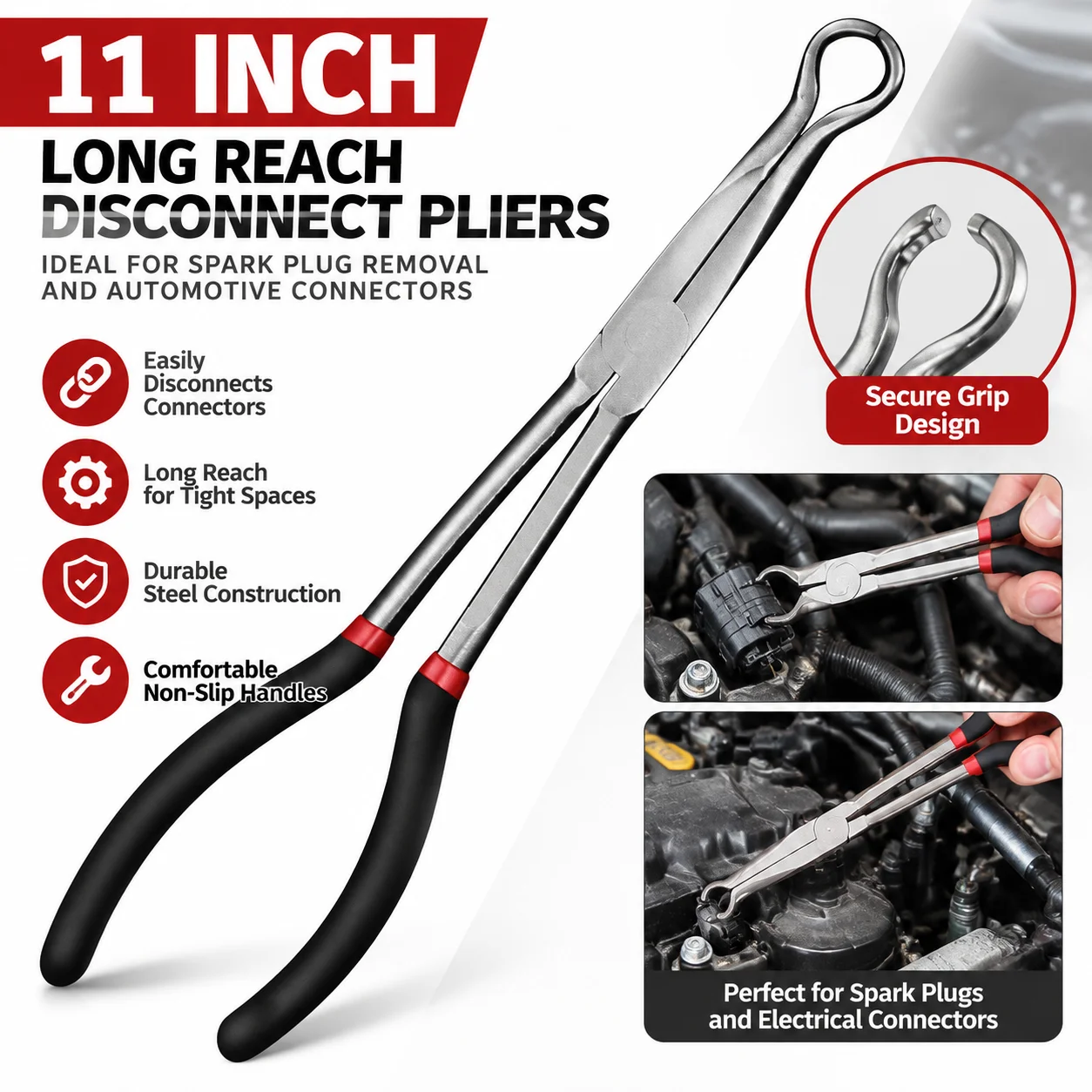 Long Reach 11 Inch Spark Plug Removal Pliers O-Shaped Electrical Disconnect Tool Fuel Line Wire Remover for Universal Car Connector Repair Handheld
