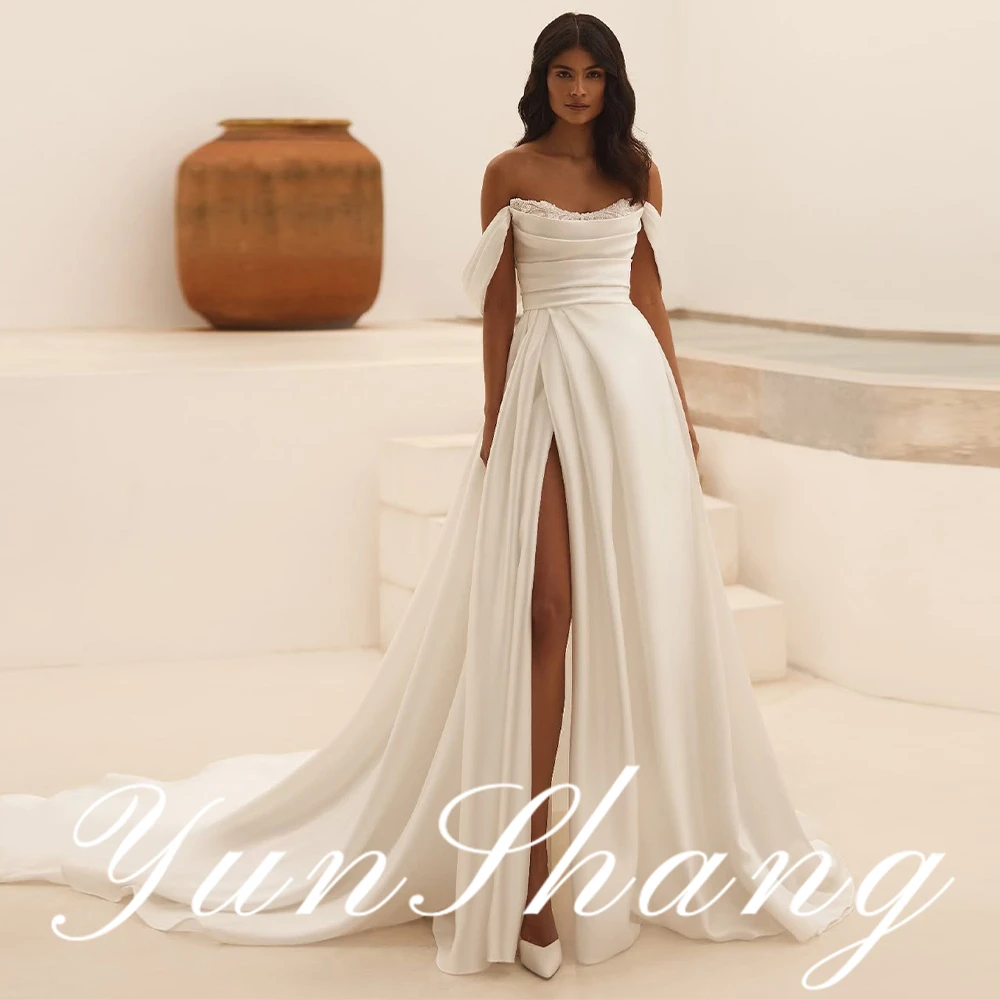 

：YunShang Customized Off Shoulder Satin Wedding Dress Ruched Bodice Slit Hem Lace Embellished Bridal Gown Elegant Design Timeles