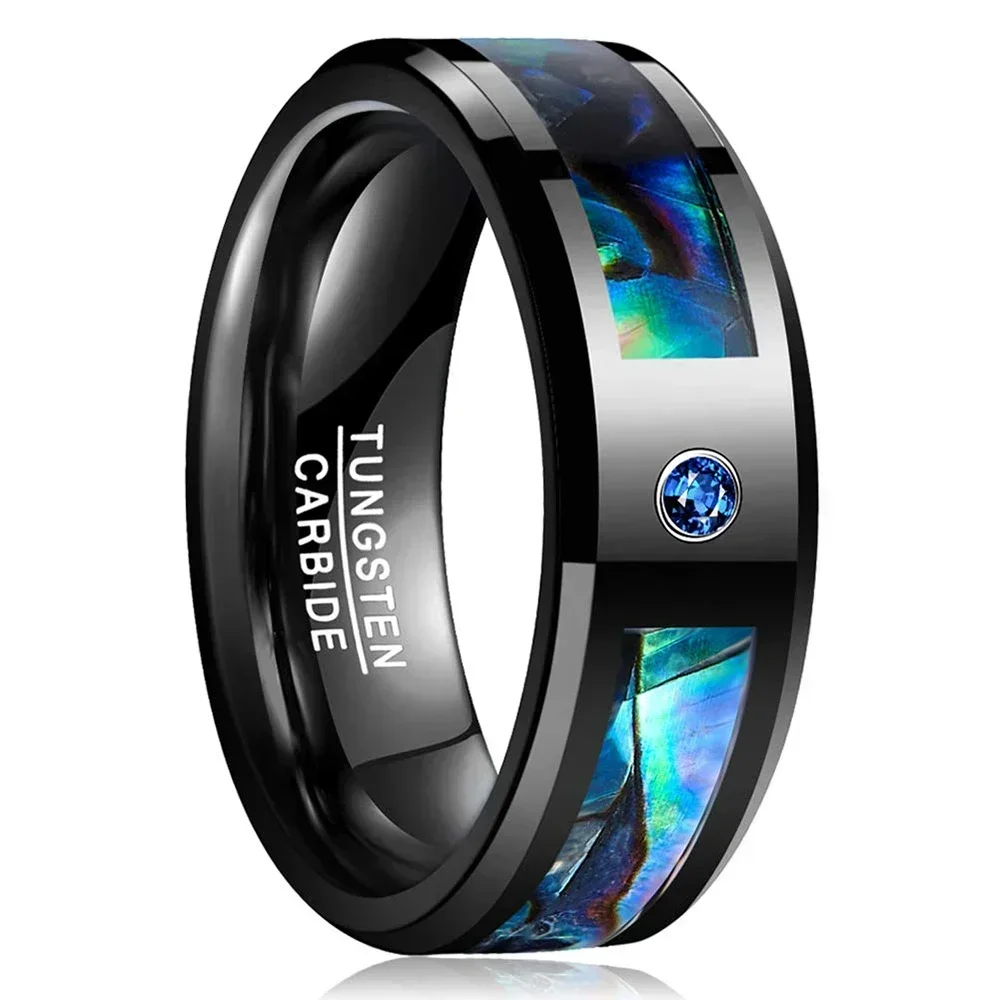 8MM Men Black Tungsten Carbide Ring Abalone Shell and Blue Cubic Zirconia Inlay Ring Wedding Band Beveled Edge Comfort Fit