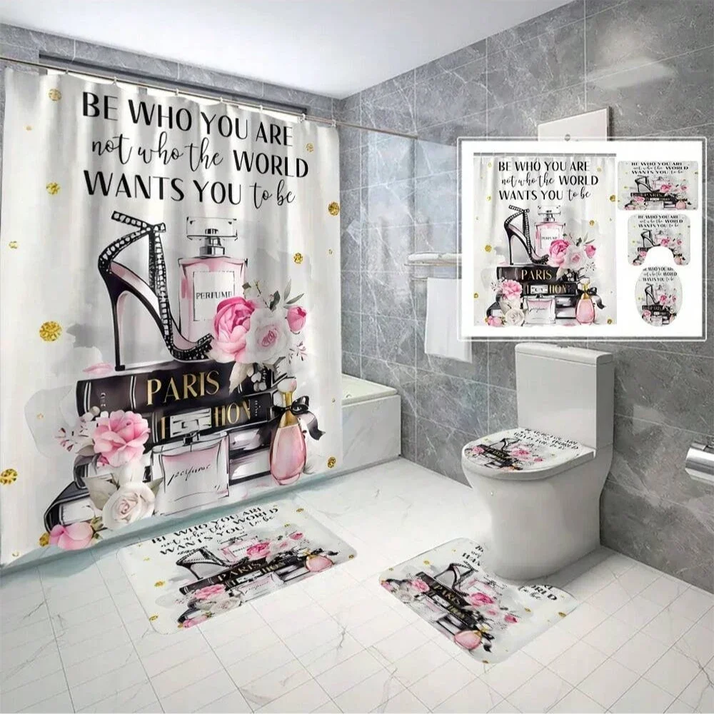 4pcs Modern style printing Shower Curtain Set With 12 Hooks, Anti-Slip Bathroom Mat, U-Shaped Toilet Rug, Bathroom Curtain Set