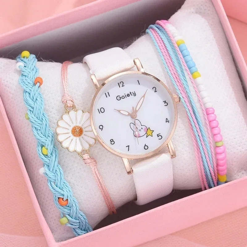 2 Pcs New Women Watch Bracelet Set Leather Cute Rabbit Girls Wristwatch Fashion Ladies Quartz Clock Reloj Mujer Students' Gift