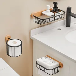 No Drill Wood & Metal Bathroom Storage Set – Wall Mounted Toilet Paper Holder, Soap Rack & Tissue Box – Damage-Free Organizer