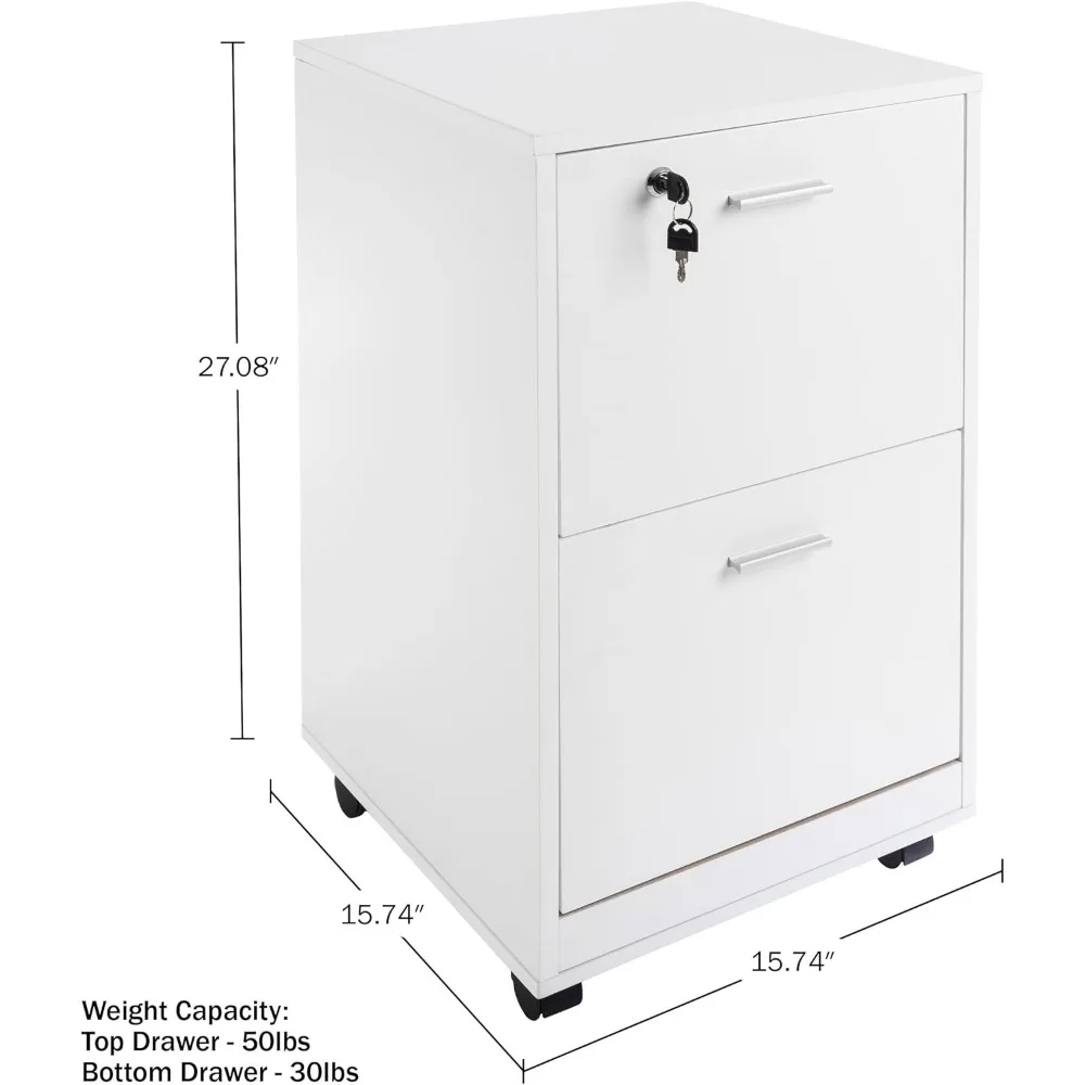 2-Drawer Rolling File Cabinet with Lock - Deep Storage for Home Office Desk Organization (White)