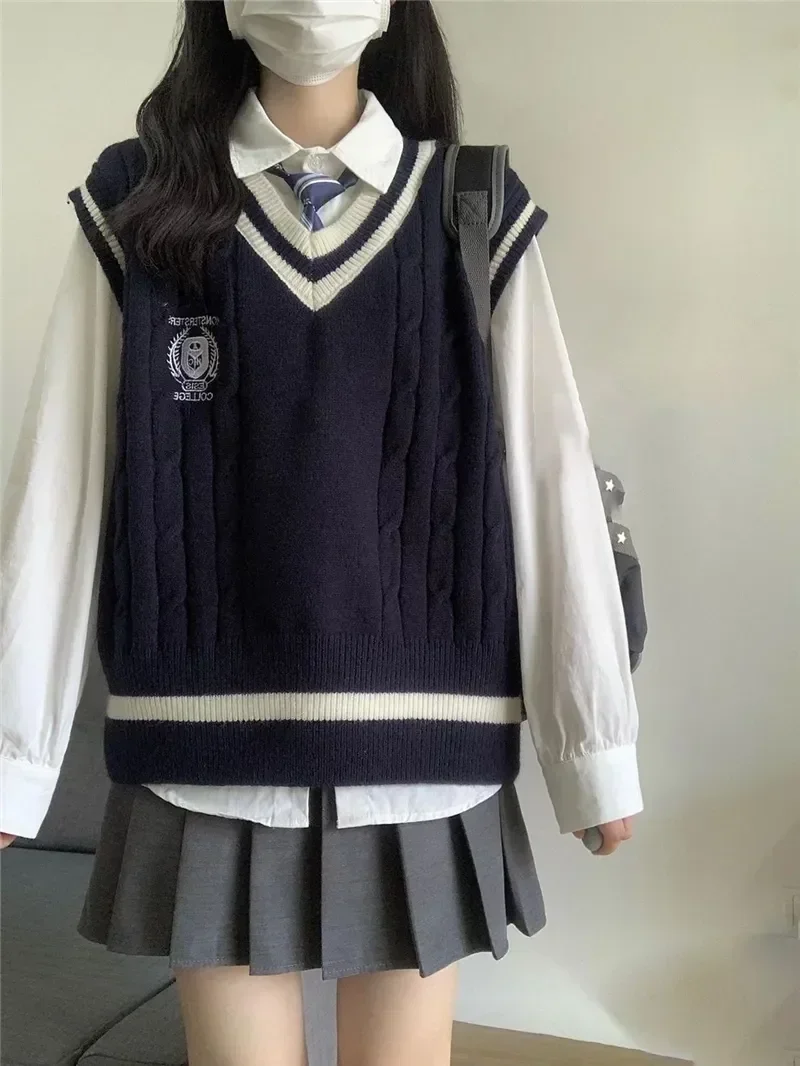 Conjunto de camiseta plisada de punto para niña, chaleco largo con cuello en V para estudiantes, traje Preppy, estilo de manga gris, de 3 piezas conjunto coreano, otoño