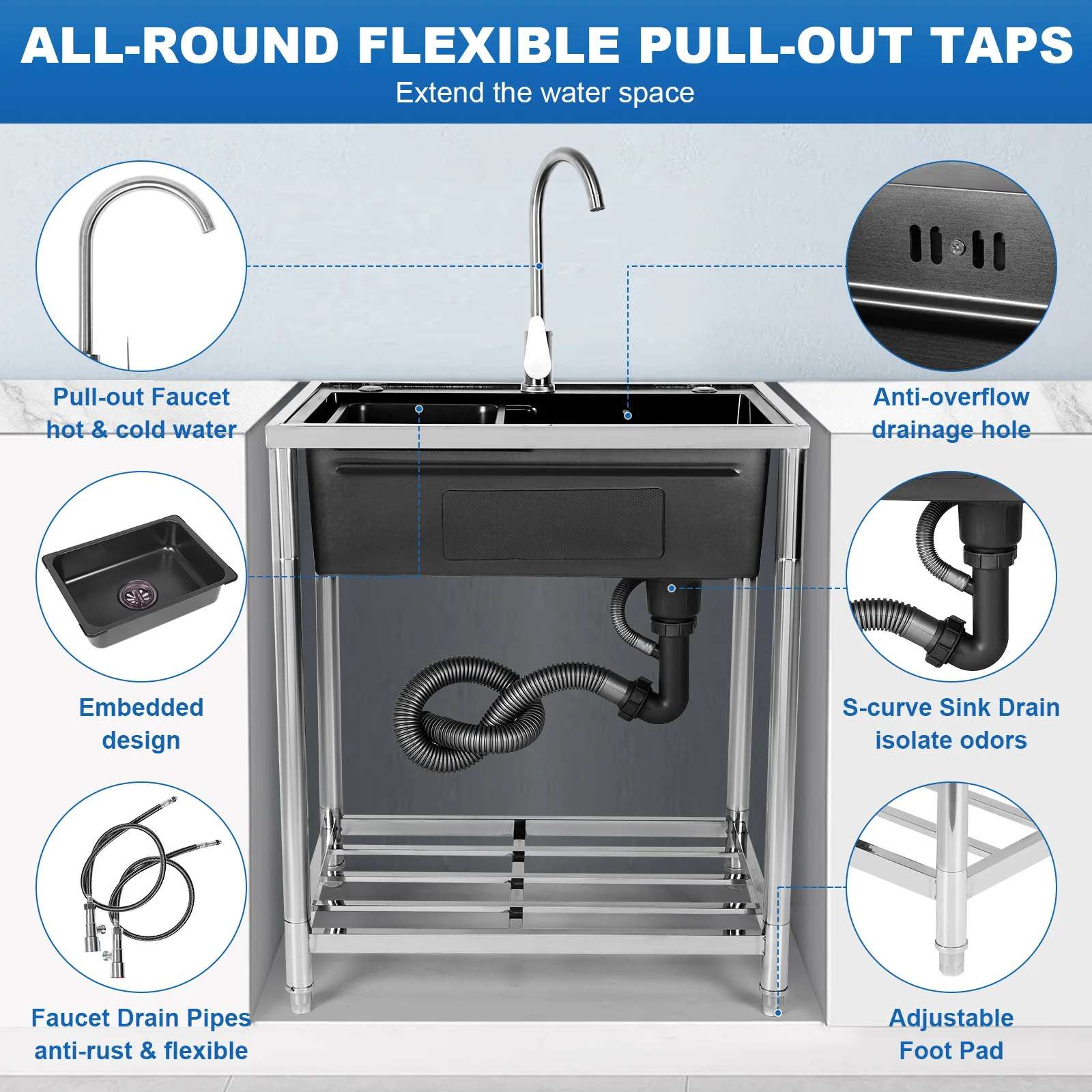 

Freestanding Utility Sink Adjustable Stand Multi-Purpose Basin Sink Rust Proof for Kitchen Bathrooms Laundry Room