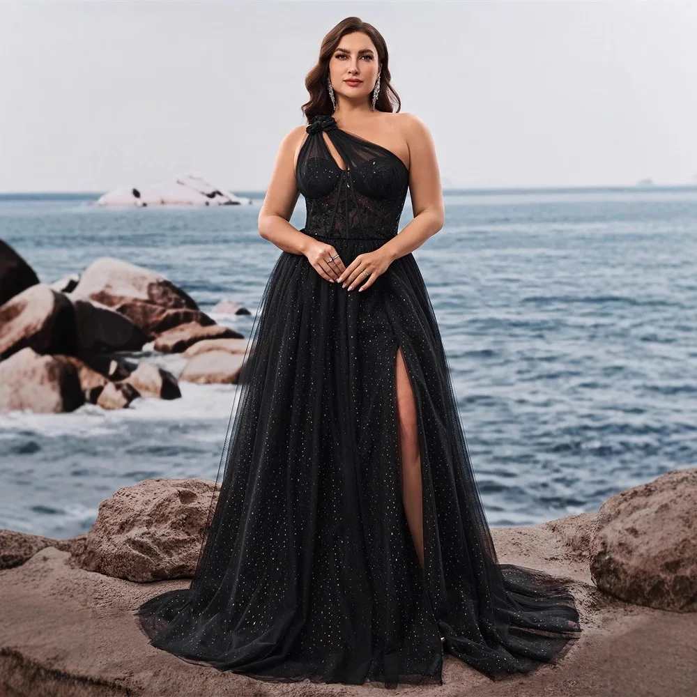 Plus Size Black One Shoulder Floral Bow Corset Star Tulle Maxi Dress High Slit Flowy A Line Wedding Guest Evening Gown view 4