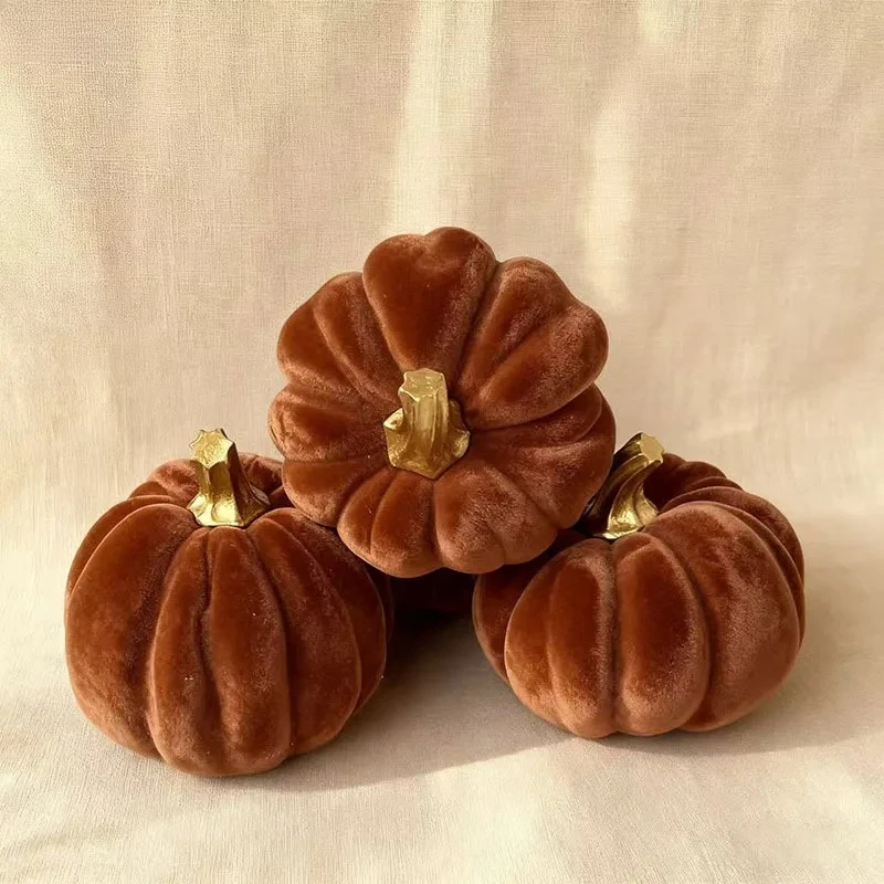 Brown Flocking Pumpkin Statue Artwork Desk Decoration Creative Pumpkin Sculpture Resin Crafts Ornaments Room Aesthetic Decor