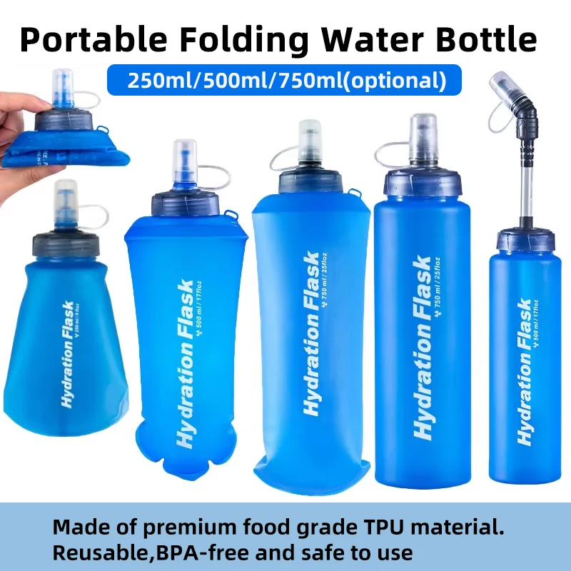 250ml 500ml 750ml Portable Folding Water Bottle Outdoor Sport Collapsible Soft Flask TPU For Cycling Running Camping Travelling