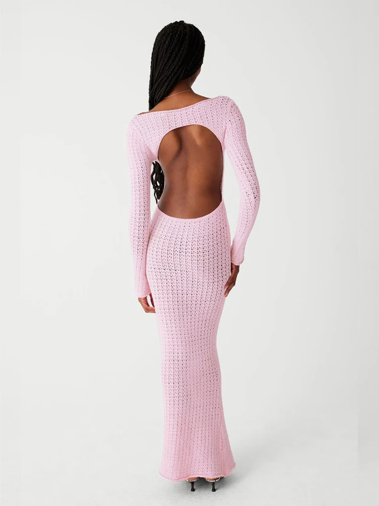 Sexy Backless Cut Out Knit Long Sleeve Slim Maxi Dresses 2024 Summer Beachwear Bikini Cover-ups Women Evening Party Dress A2777