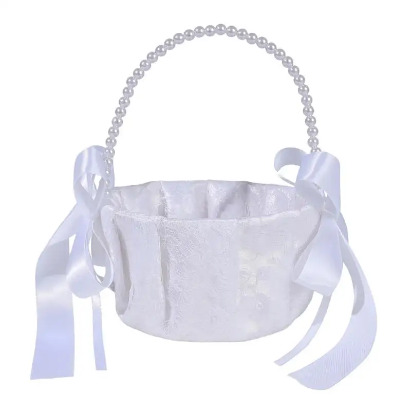 31BB White Pearls Adorned Flower Basket For Ceremonial Petal Scattering Durable Plastic Fabric Blend