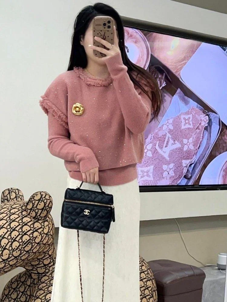 

Soft Sle Women's round Ne Furry Top Bot Set Spring New Faion Two-Piece Set Korean Sle Long Sve Knitted Sweater
