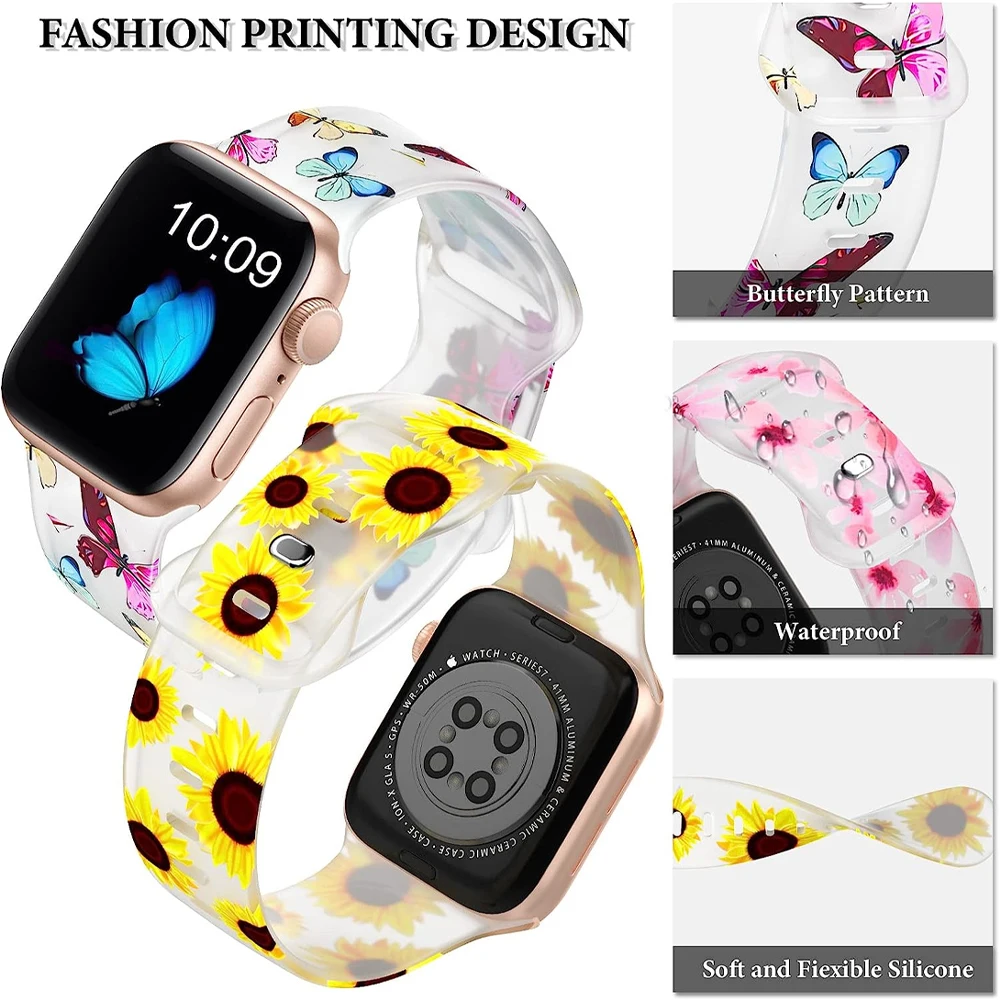 Printed Strap for Apple Watch Band 44mm 40mm 45mm 49mm 41mm 38 42mm Transparent correa bracelet iWatch series 7 6 5 3 se 8 ultra