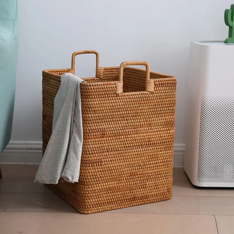 WD1397: Handmade Rattan Storage Basket Retro Living Room Sundries Toy Basket Large Capacity Laundry and Dirty Clothes Organizer