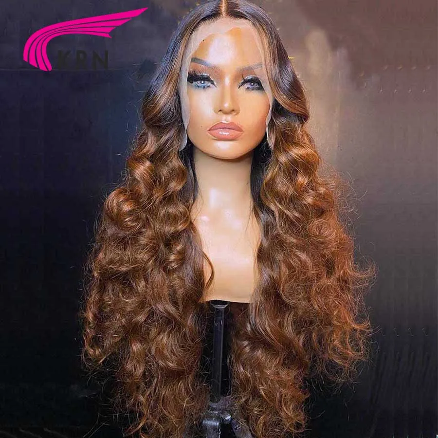 KRN 250 Density Highlight Brown Color 13x6 Lace Wigs with Middle Part Brazilian Hair 13x4 Tranparent Lace Front Wig for Women