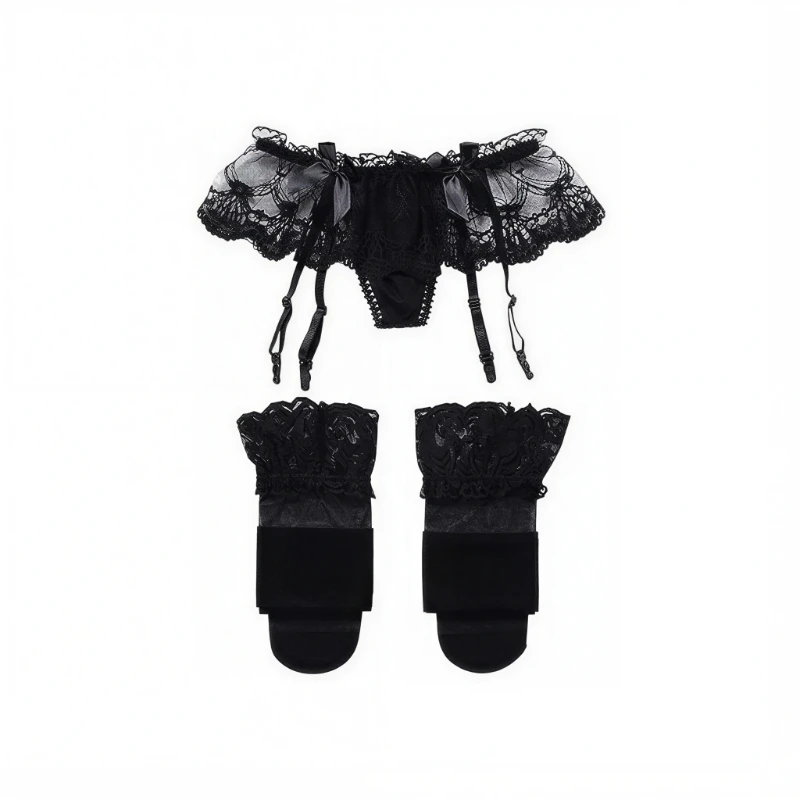 Women Lace Garter Belt And Stockings Set Jacquard Suspenders Panty Satin Bow Mini Skirt Hosiery Mesh Lingerie Pantyhose Womens, image 6