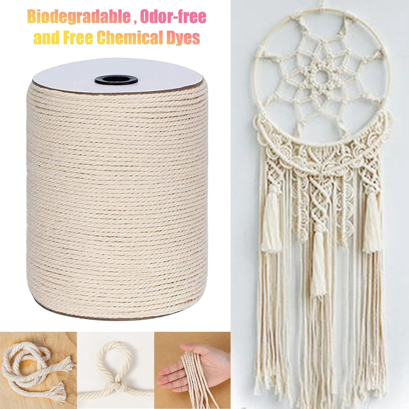 3mm X 300m Strands Twisted Macrame Cotton Cord for Wall Hanging Plant Hangers Crafts Weaving Yarn Knitting Rope Cotton Cord