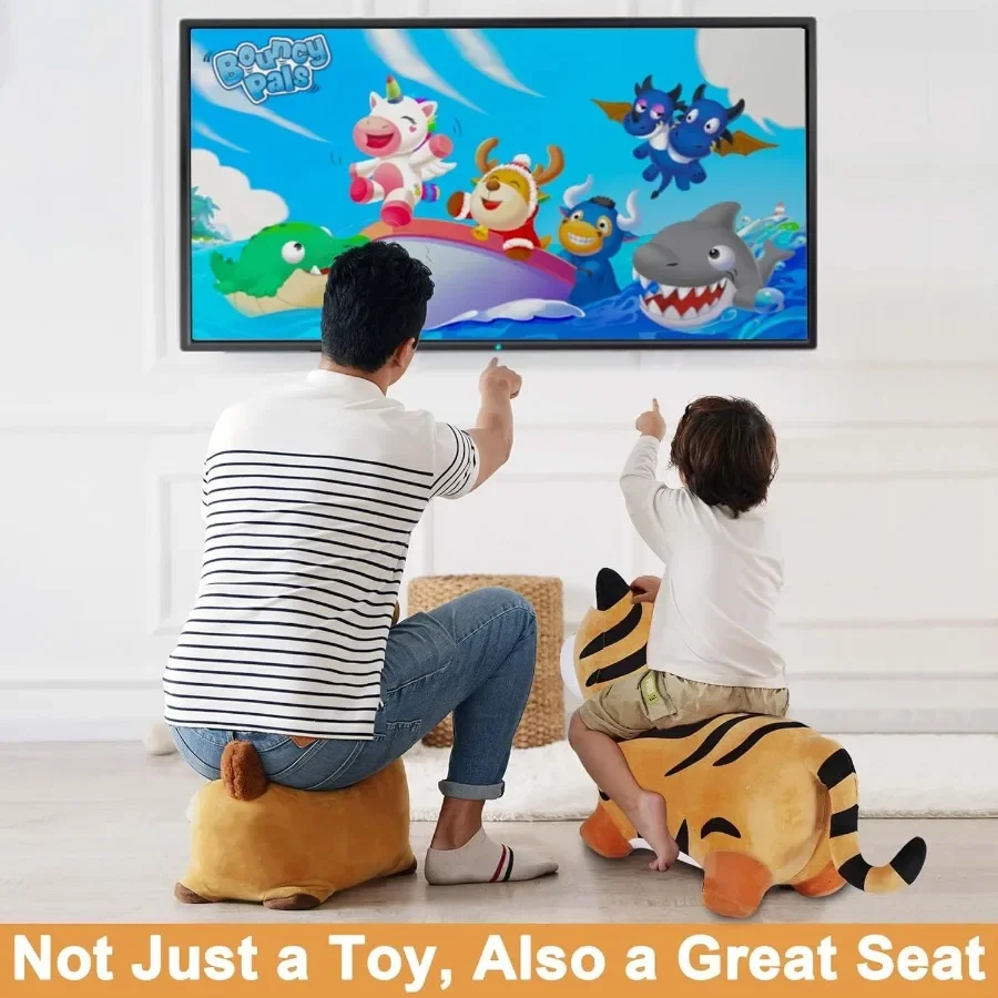 iPlay iLearn Giocattolo con tramoggia tigre rimbalzante per bambini: cavaliere rimbalzante gonfiabile con pompa Buttafuori per animali da giro in peluche per interni