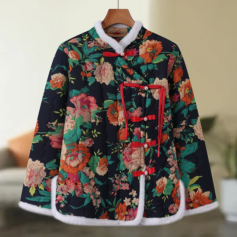 Winter floral padded jacket foreign style women's autumn and winter padded jacket retro buckle China Northeast flower