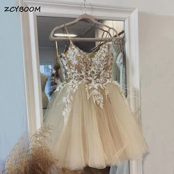 Customized Elegant Lace Appliques Short Prom Dress 2024 Spaghetti Straps Tulle Formal Party Graduation Evening Gown With Feather