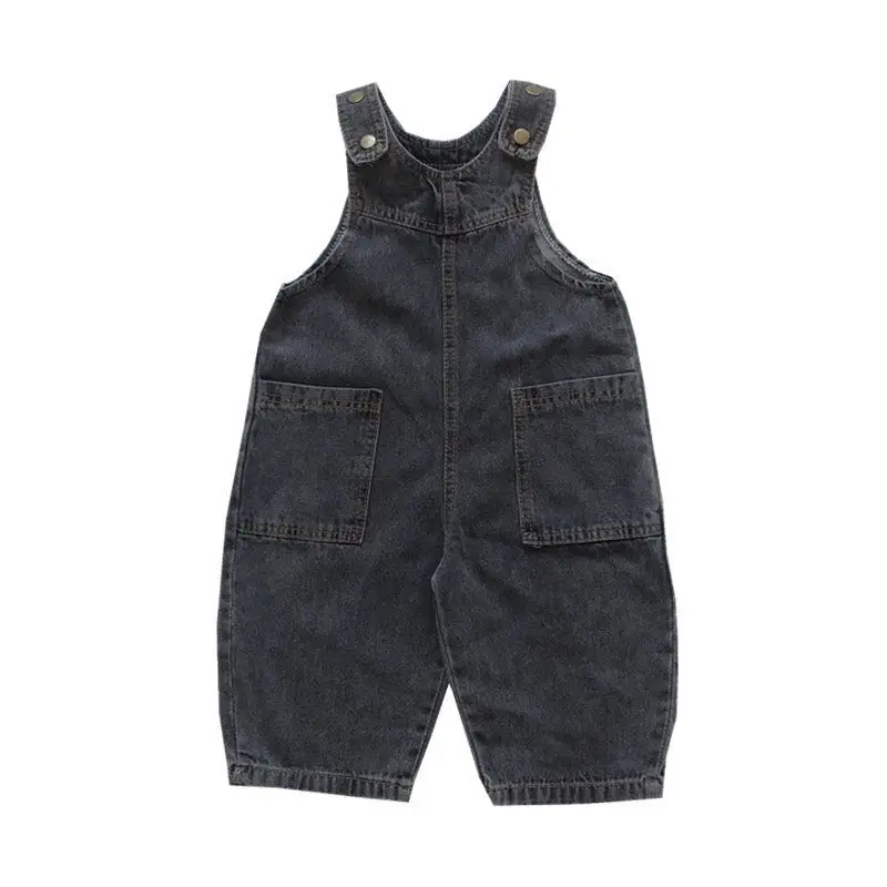 2-9Y Children\'s Jeans Pants Korean Spring Summer New 2024 Girls Boys Grey Retro Soft Denim Overall Baby Kid Cute Big PP Jumpsuit