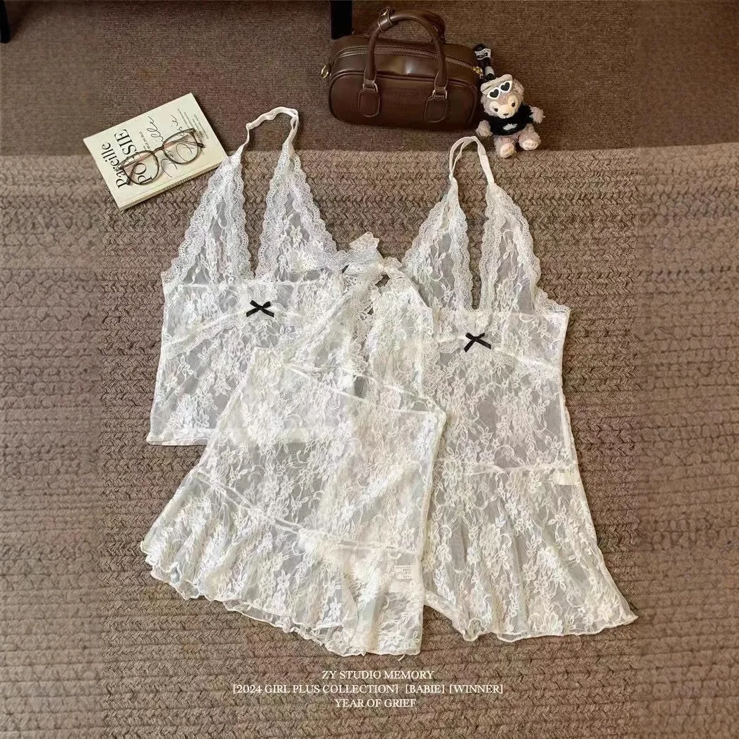 

White Pure Desire Style Sexy Neck Lace Splicing Bow Dress Vest Women's Stacking Wear Versatile Slim Top