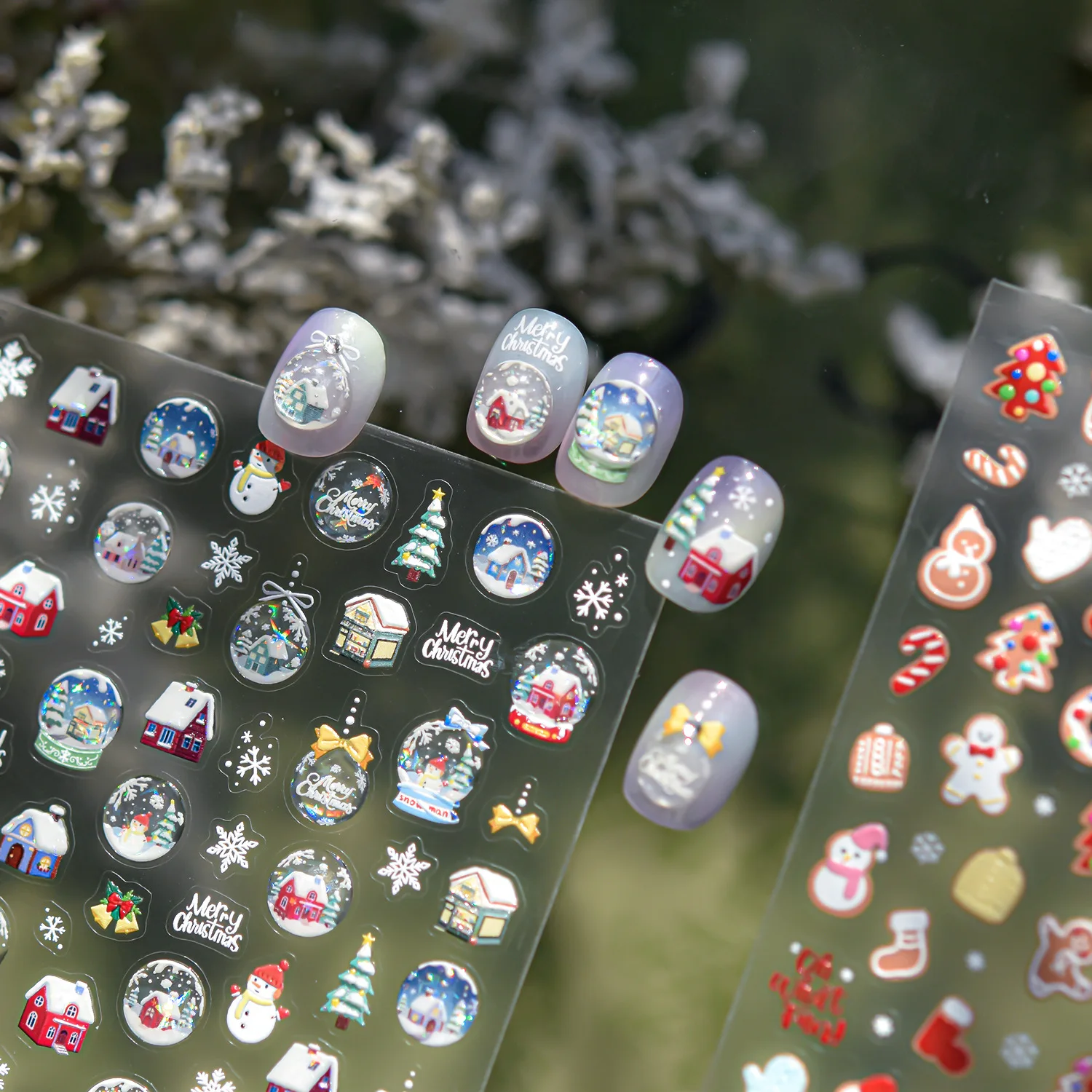 Bonhomme de neige pain d'épice homme chaussettes arbre de noël boule de cristal père noël flocons de neige nœud maison hiver Nail Art autocollants décalcomanies