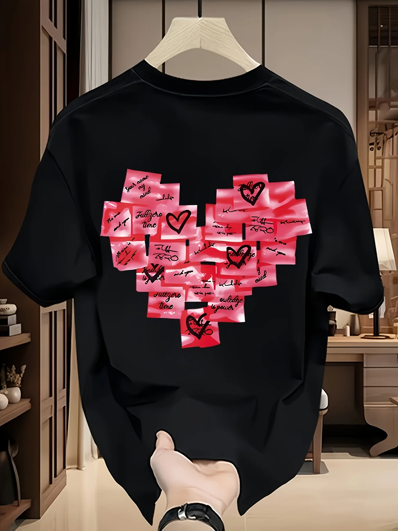 Unisex Crew Neck T-ShirtMen's Graphic Tee White Short Sleeve Casual Shirt Featuring A Pink Sticky Note Heart Design Perfect For