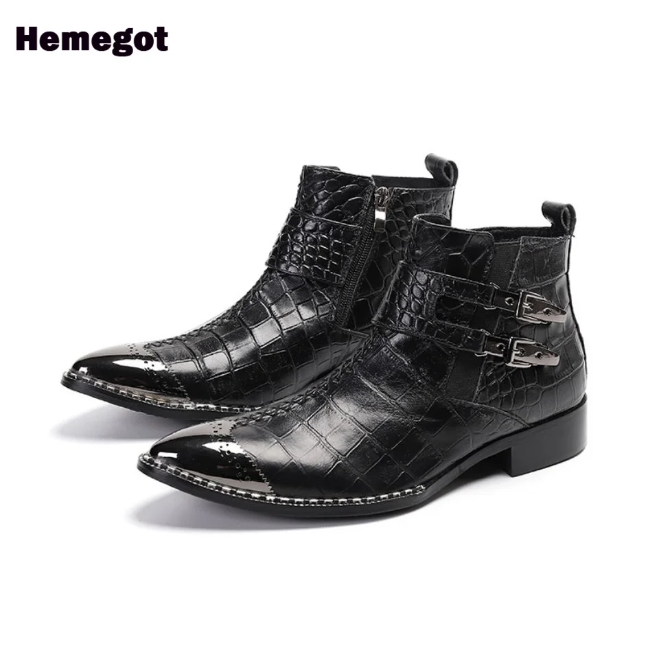 Black Leather Men's Boots Double Straps Design Novelty Stylish Side Zipper Men Boots Big Size 37-47 Botas Zapatillas Mujer