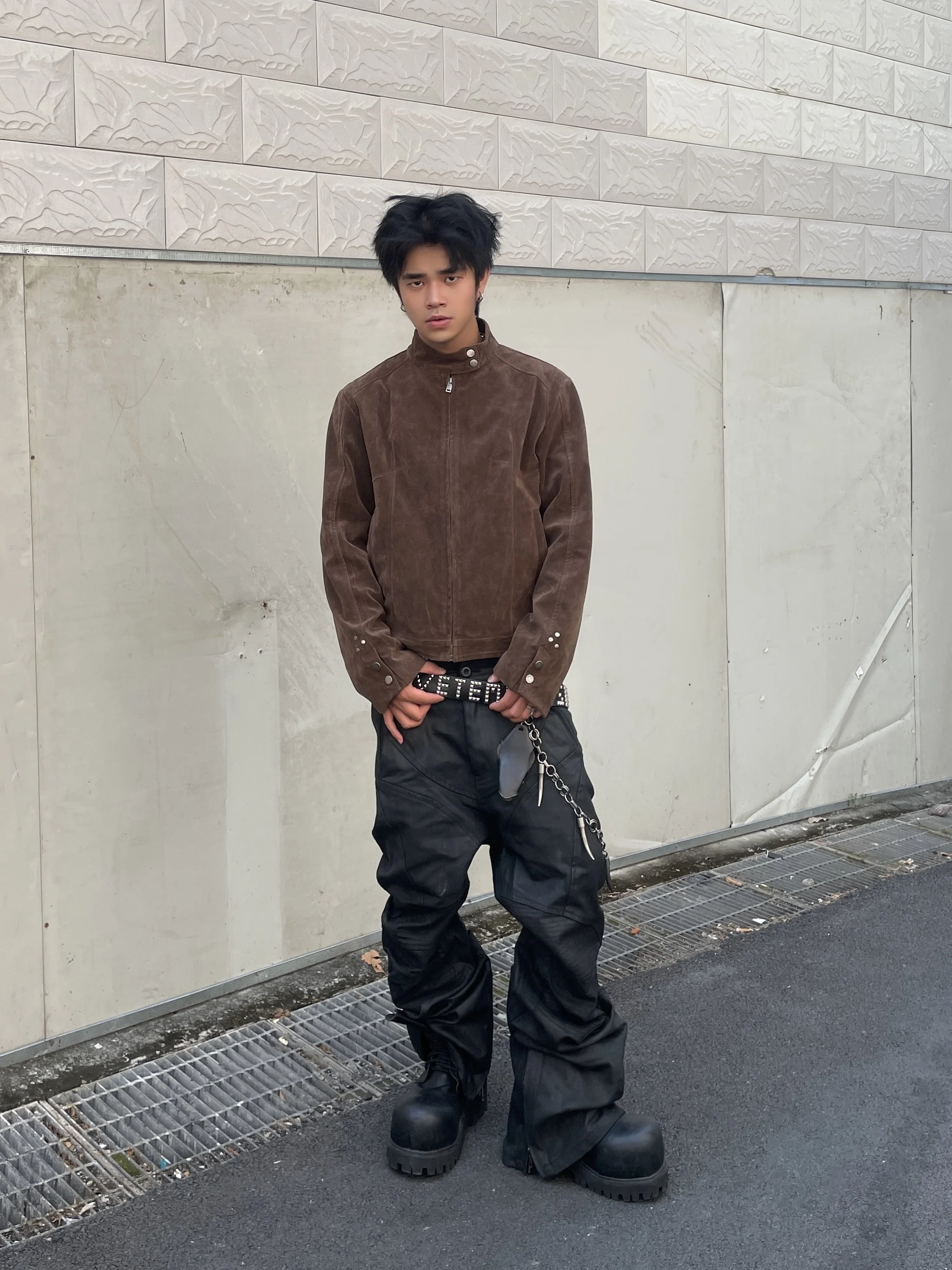 

MOOBY Американский Ретро Винтаж Замшевый Коричневый Джанет с воротником-стойкой Мужская крутая верхняя одежда на молнии Модная молодежная куртка-стойка