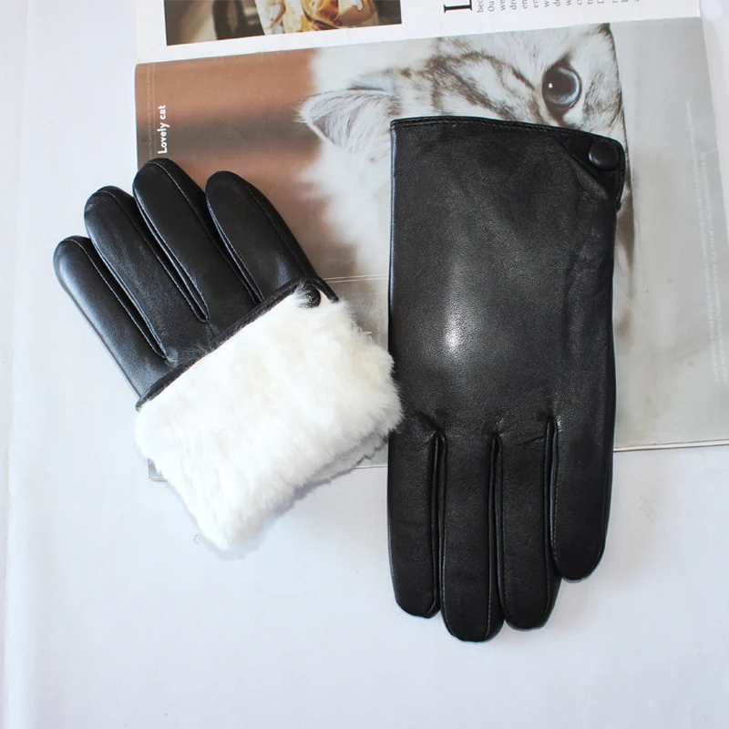 Men\'s imported sheepskin touch screen gloves winter thickened warm rabbit fur leather driving gloves