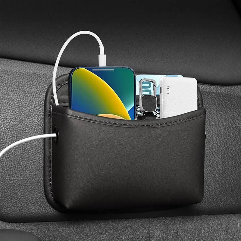 SEAMETAL Car Leather Adhesive Storage Bag Multi-functional Car Mobile Phone Key Sticky Pouch Storage Oraganizer Car Accessories